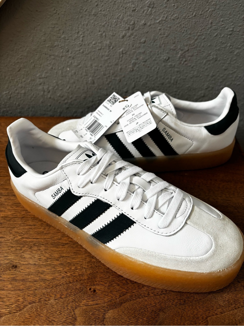 adidas Samba Sneakers in White and Black with Gum Sole 9.5